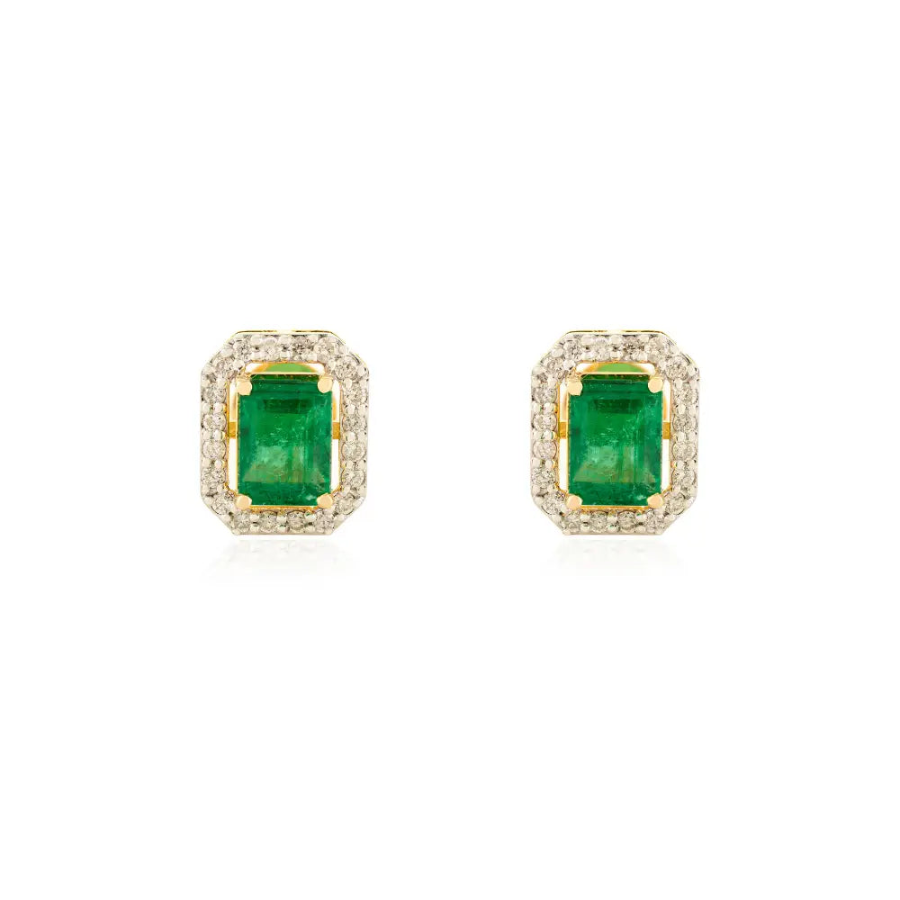 7x5mm Octagon Cut Emerald & Diamond 18K Yellow Gold Halo Stud Earrings For Women's