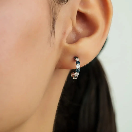 K14 Real White Gold Blue Sapphire & Diamond Small Hoop Earrings Everyday Wear Women Jewelry