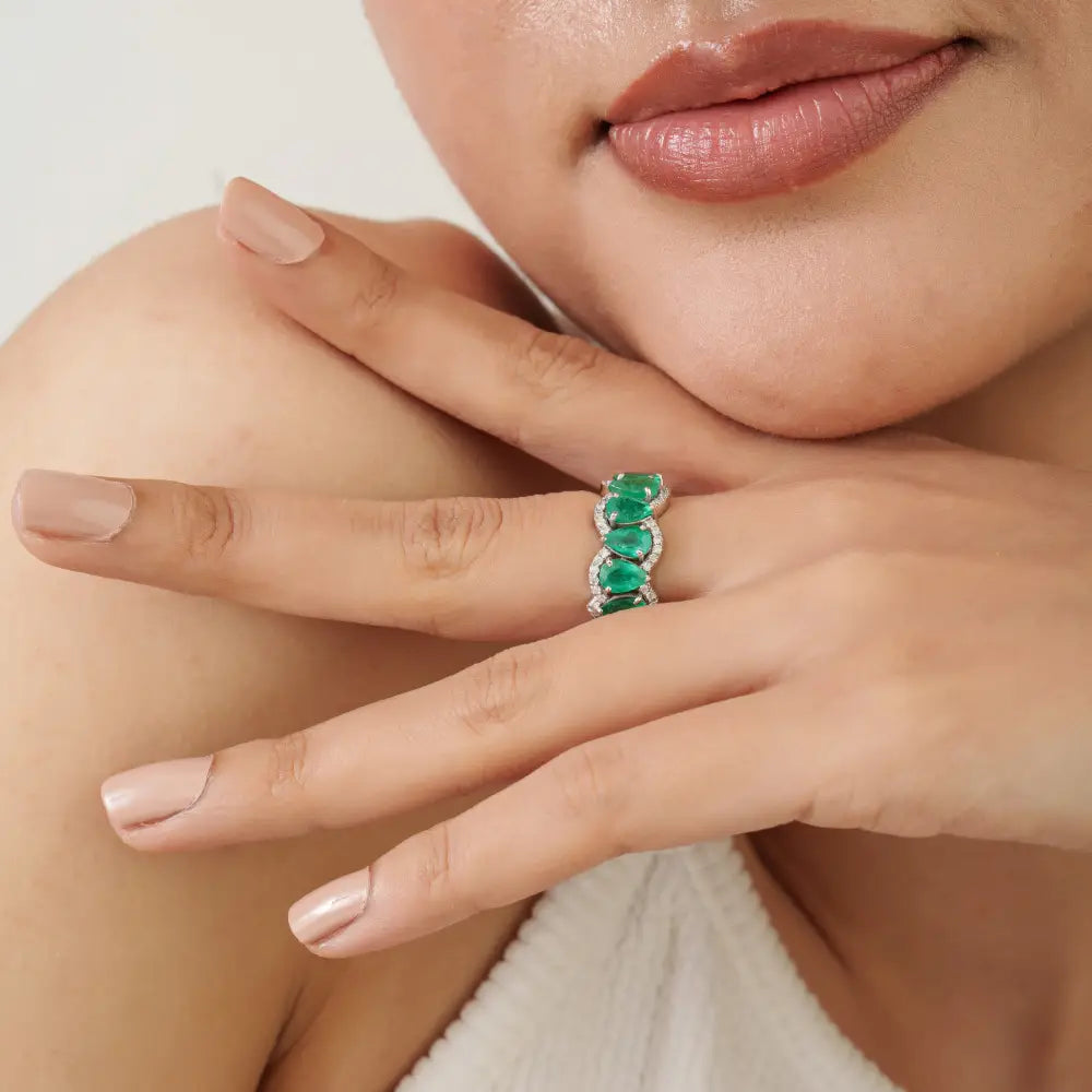 Zambian Emerald & Diamond 14K Real White Gold Wave Shape Half Eternity Band Ring
