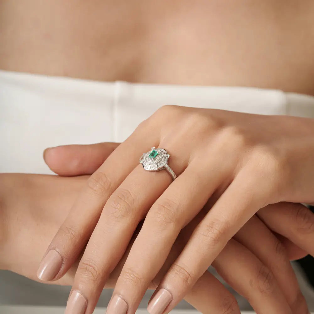 Art Deco Inspired Emerald & Diamond Statement Wedding Ring Solid K14 White Gold Jewelry