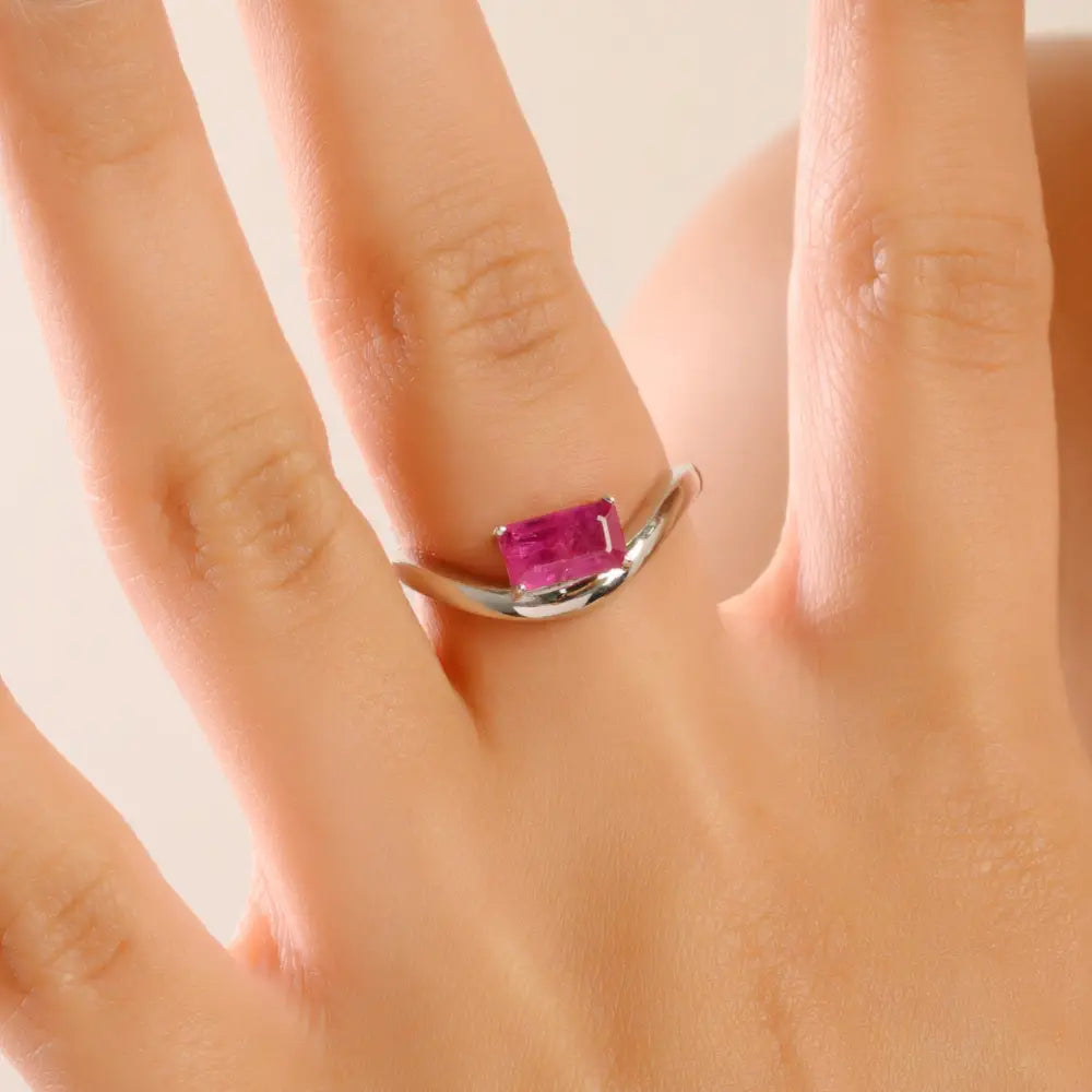 Octagon Cut Ruby Handmade 14K White Gold Curve Shape Wavy Ring Anniversary Gift
