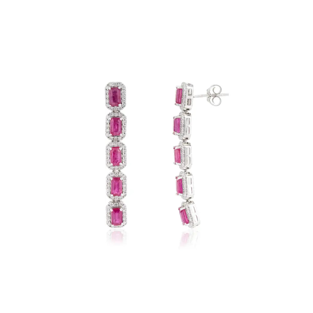 Luxurious Ruby & Diamond K14 Solid White Gold Halo Dangle Earrings For Women's Bold Jewelry