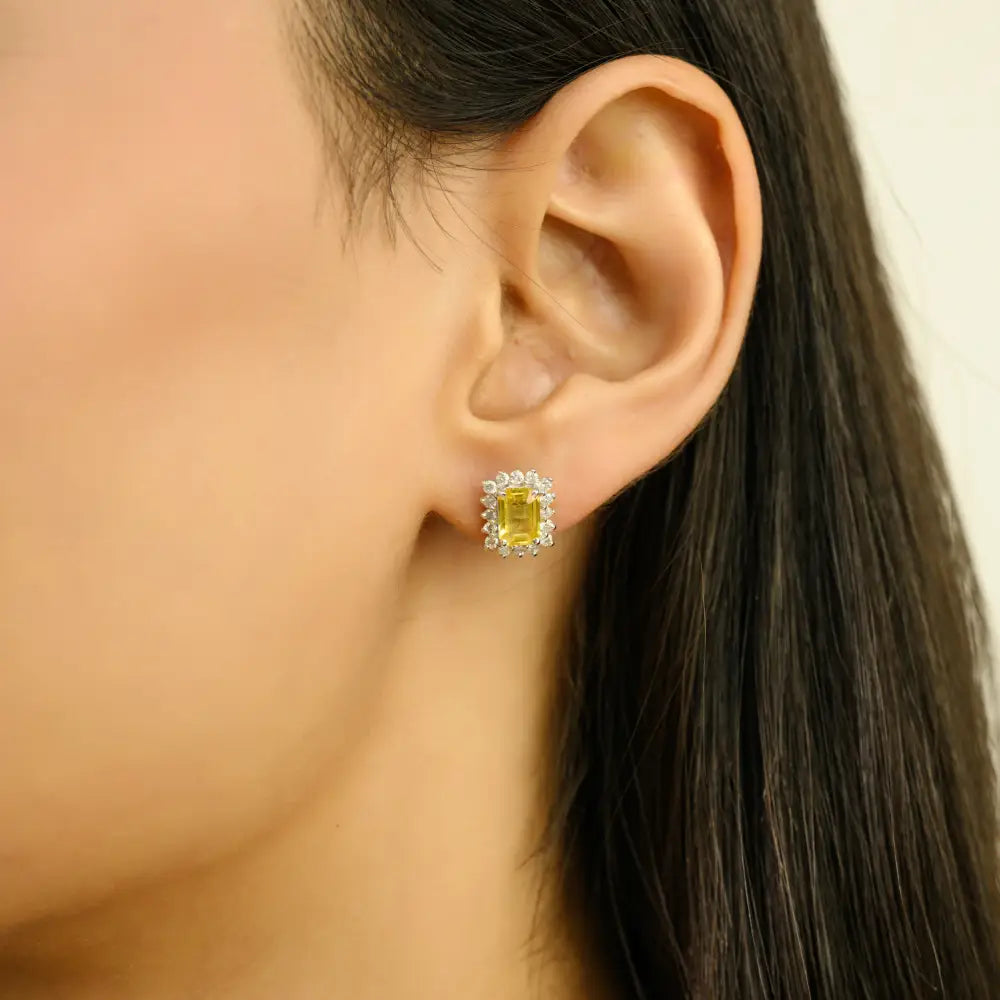 Yellow Sapphire & Diamond Push Back Cluster Stud Earrings 14K Real White Gold Women Jewelry