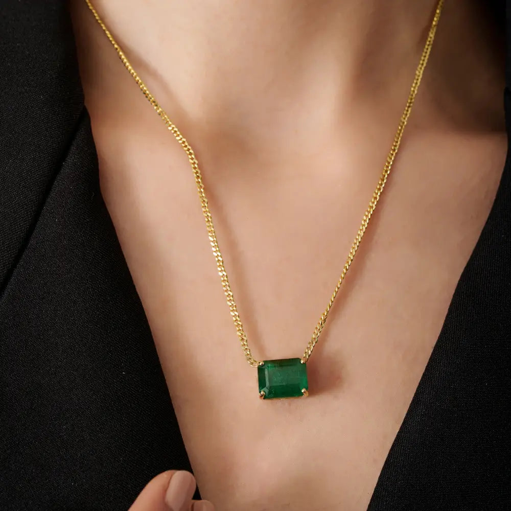 100% Authentic Emerald Curb Link Chain Solitaire Gemstone Pendant Necklace K14 Real Gold
