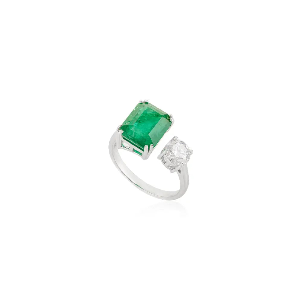 Precious Gemstone Double Prong Set Emerald & Diamond 14K White Gold Open Ring Unisex