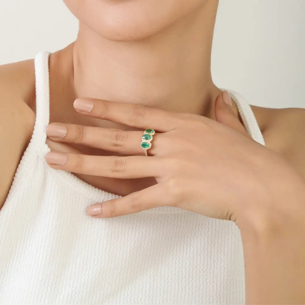 Oval Shape Emerald & Round Cut Diamond Three Stone Ring Fine 14K Solid Yellow Gold Jewelry