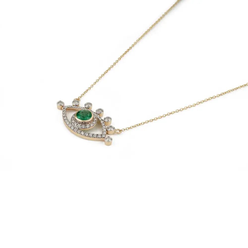 Unique Design Emerald & Diamond Evil Eye Pendant Necklace Fine 14K Yellow Gold Jewelry