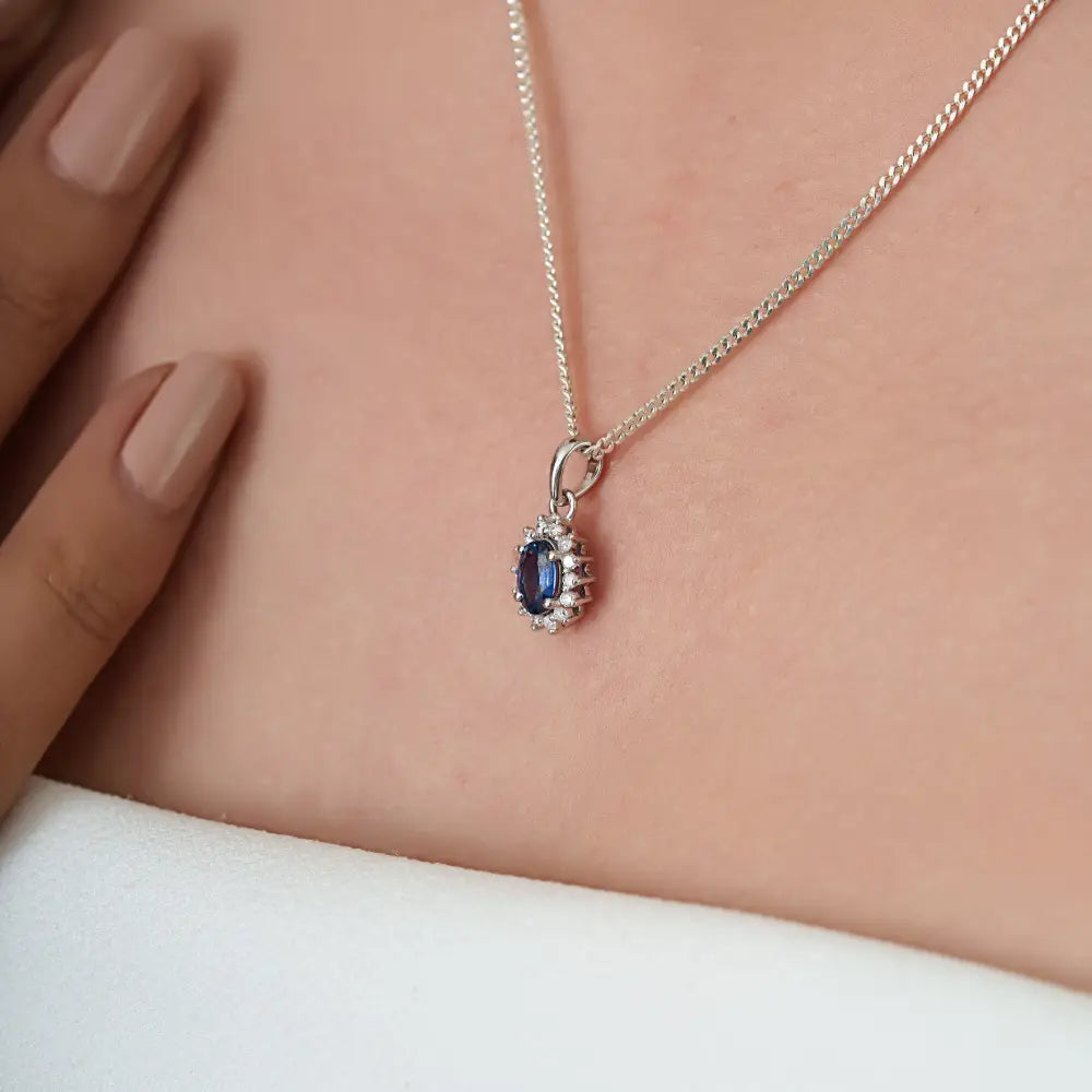 Precious Gemstone Blue Sapphire & Diamond 14K Solid White Gold Cluster Pendant Bulk Jewelry
