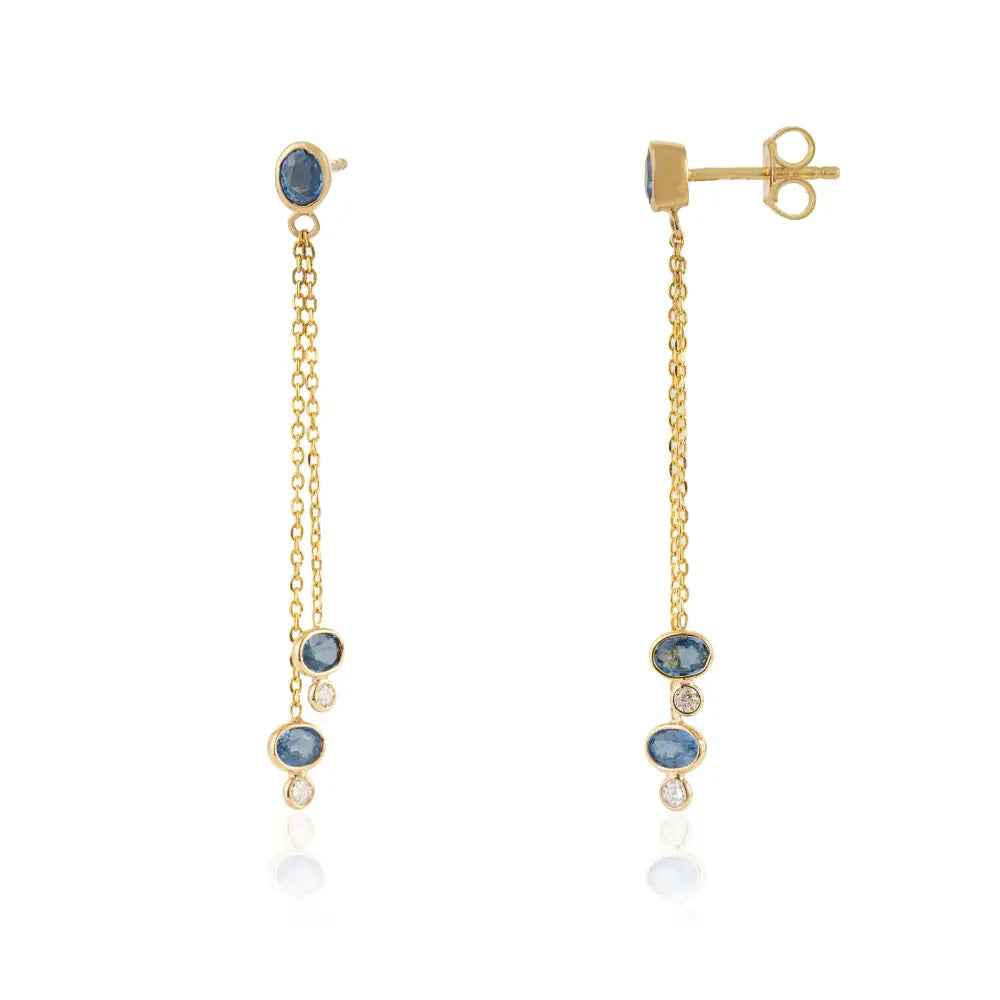 Delicate Design K18 Yellow Gold Blue Sapphire & Diamond Double Link Chain Dangle Earrings
