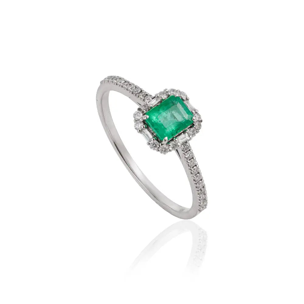 5x4mm Octagon Cut Emerald & Diamond Fine Engagement Stacking Ring 14K White Gold Jewelry