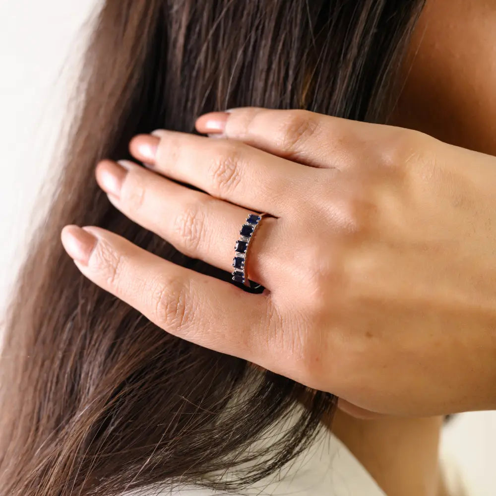 Square Shape Blue Sapphire & Baguette Cut Diamond Stacking Half Eternity Band Ring 14K Gold