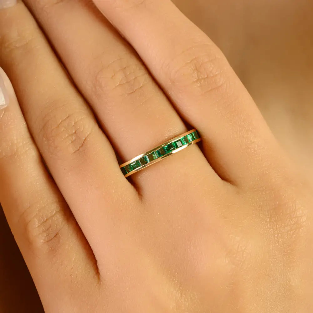 Elegant Design Zambian Emerald Stackable Half Band Ring 14K Yellow Gold Fine Jewelry