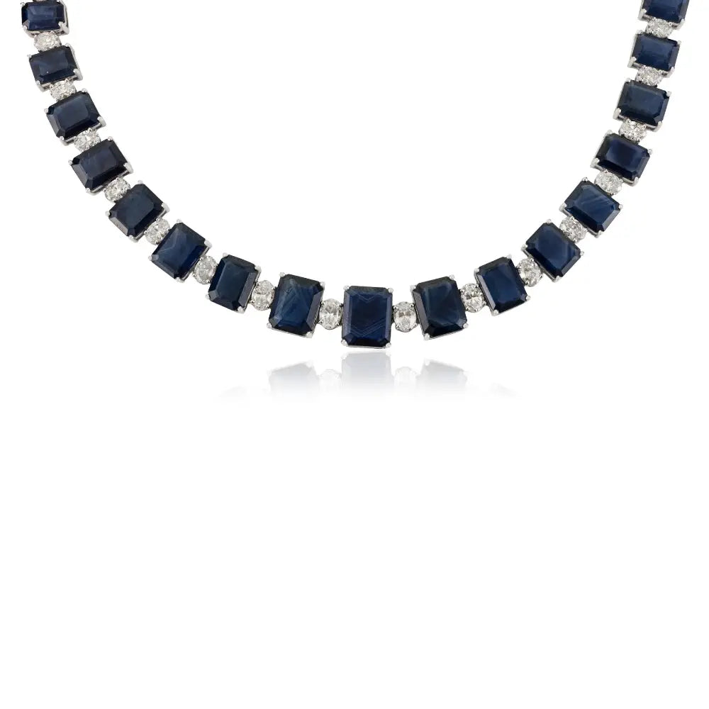 Octagon Shape Blue Sapphire & Oval Cut Diamond Statement Tennis Necklace 18K Solid Gold
