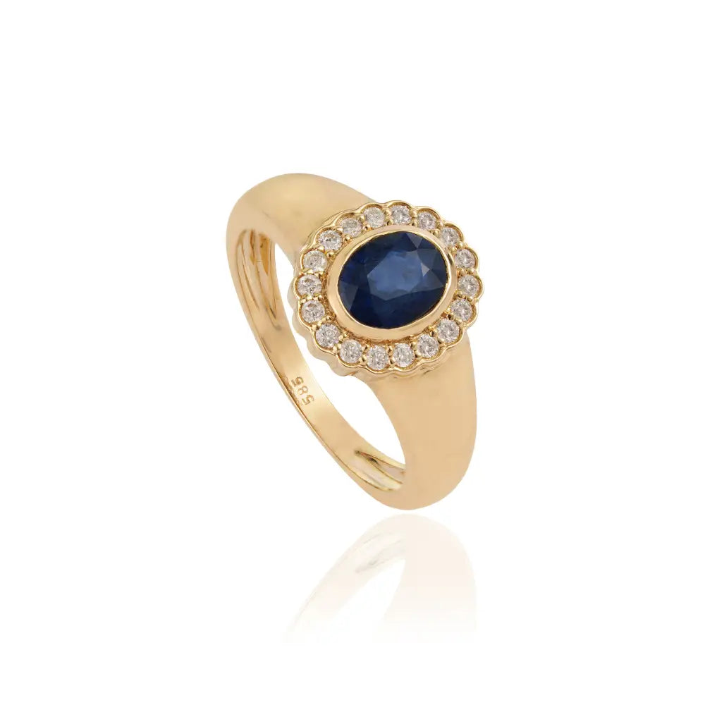 14K Solid Yellow Gold Blue Sapphire & Diamond Halo Signet Ring For Men's Wedding Jewelry