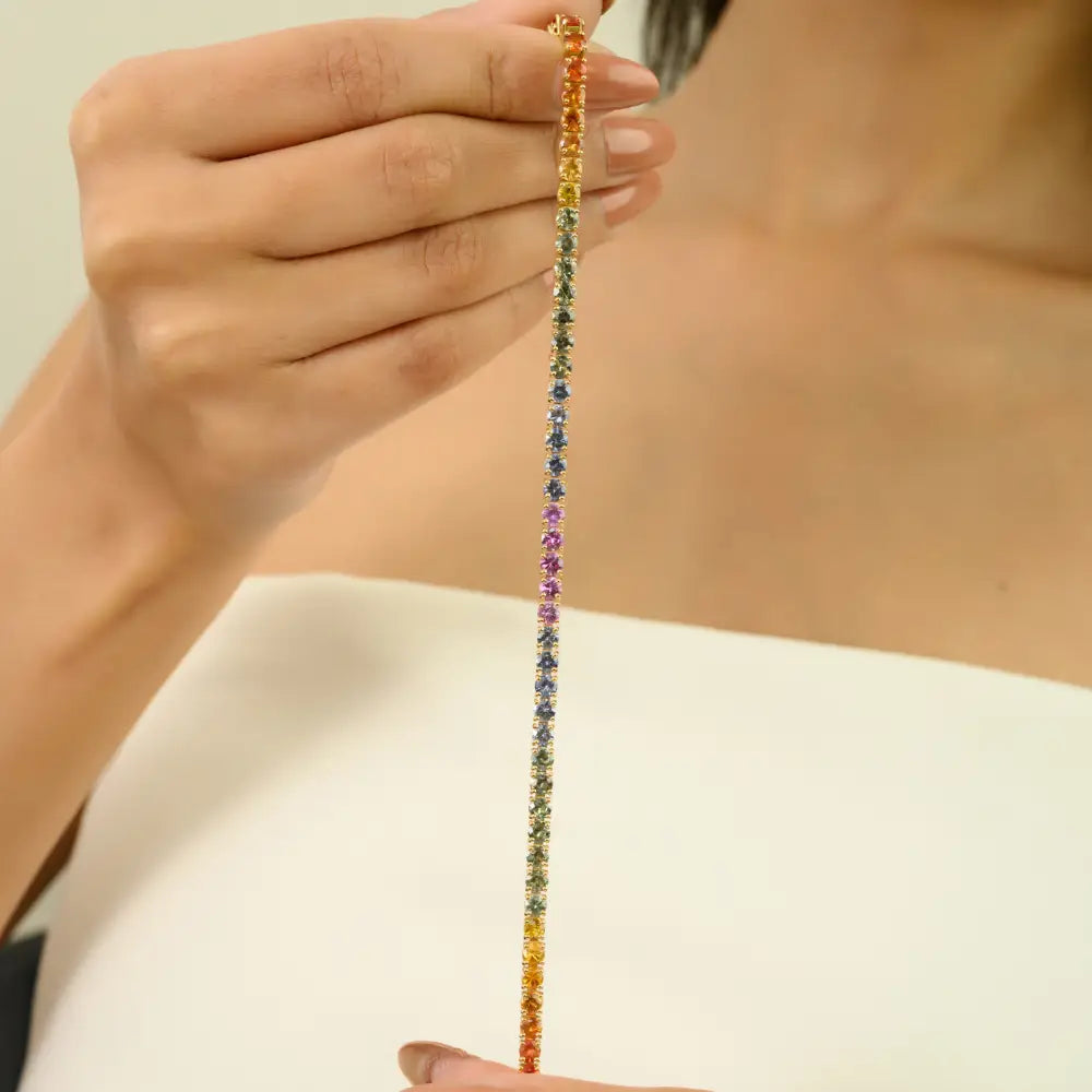 Colorful Multi Sapphire Gemstone K14 Real Yellow Gold Stackable Tennis Bracelet Trending Jewelry