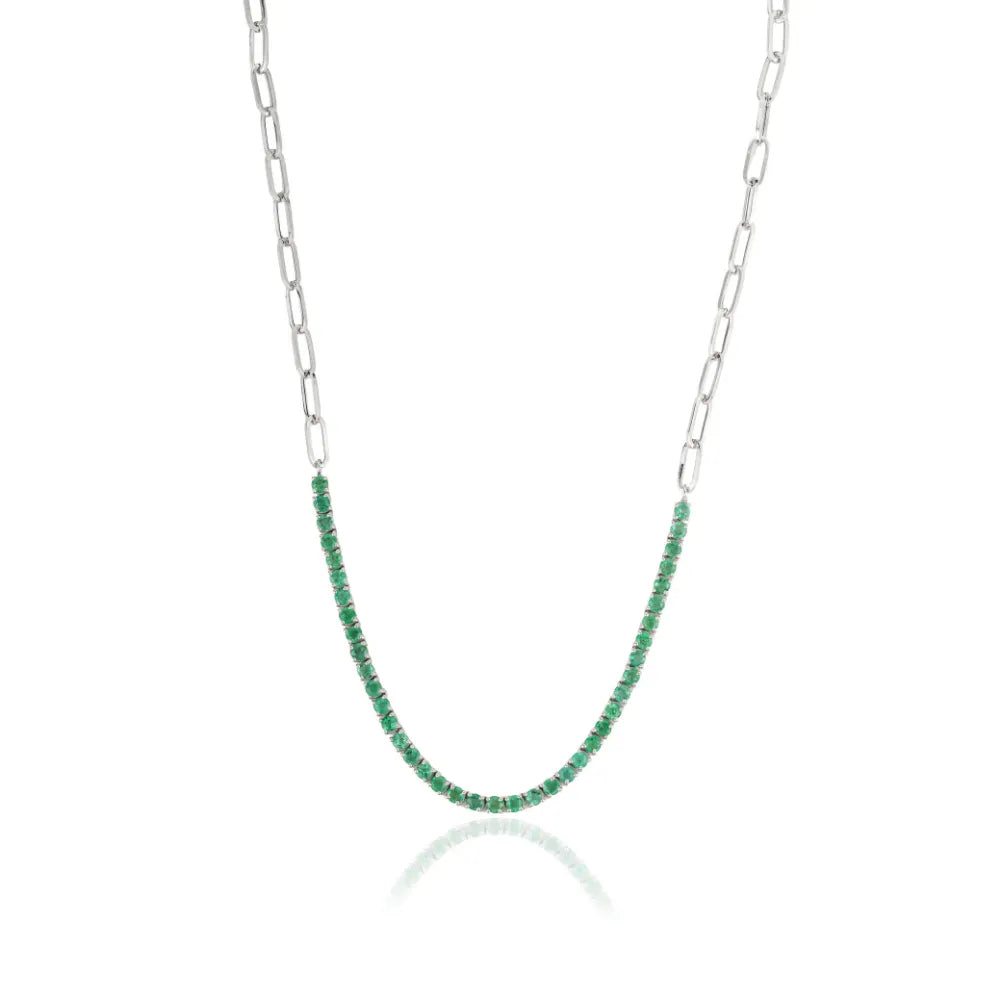 Zambian Emerald Round Cut Gemstone Half Paperclip Chain Tennis Necklace Stack Jewelry 14K White Gold