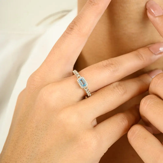 Blue Topaz & Diamond Halo Cuban Chain Band Stackable Ring 14K Solid Gold Wholesale Jewelry