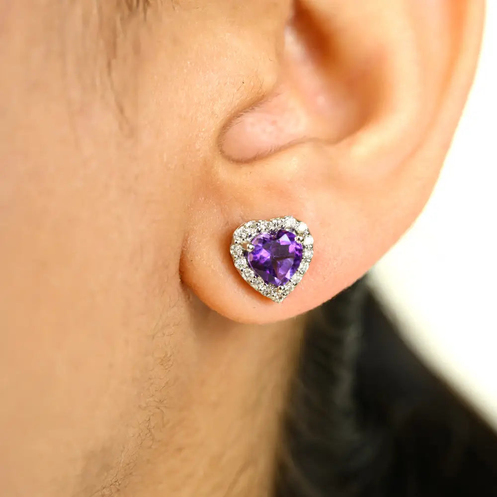 February Birthstone 14K Gold Amethyst & Diamond Heart Shape Halo Stud Earrings Wedding