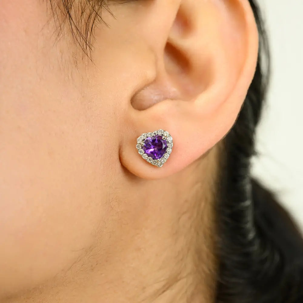 February Birthstone 14K Gold Amethyst & Diamond Heart Shape Halo Stud Earrings Wedding