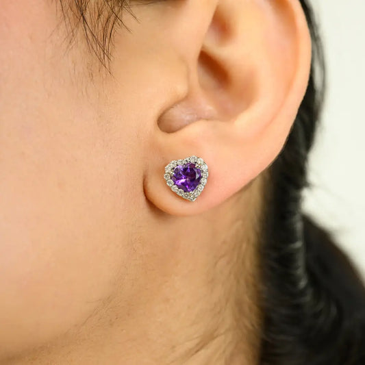 February Birthstone 14K Gold Amethyst & Diamond Heart Shape Halo Stud Earrings Wedding