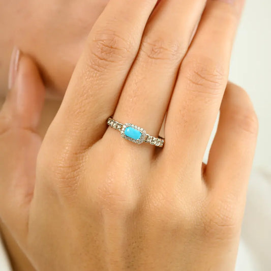 Cabochon Gemstone Turquoise & Diamond Solid 14K Gold Cuban Chain Halo Ring Unisex