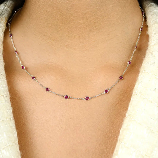 Minimalist Natural Ruby Station Chain Necklace For Her Trending Everyday Jewelry 14K Gold
