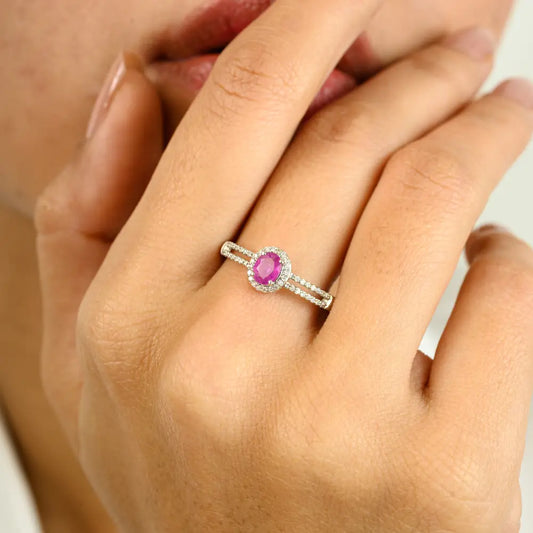 Prong Setting Ruby & Diamond 14K White Gold Split Shank Ring For Women Minimal Jewelry