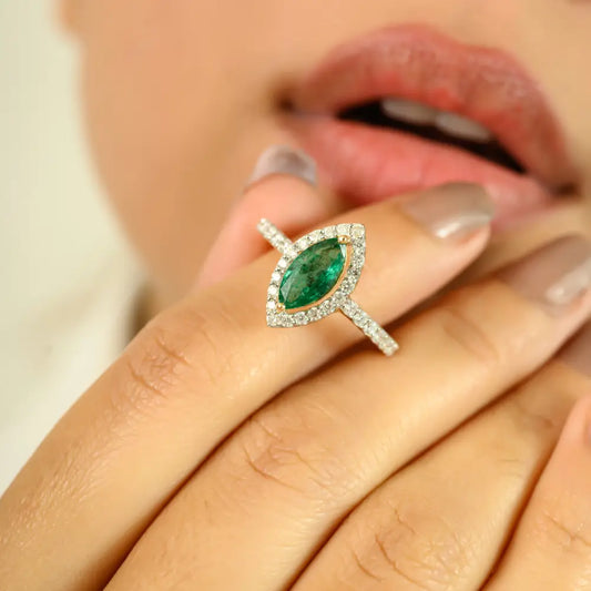 Big Marquise Cut Emerald & Diamond 18K Yellow Gold Halo Ring Trending Party Wear Jewelry