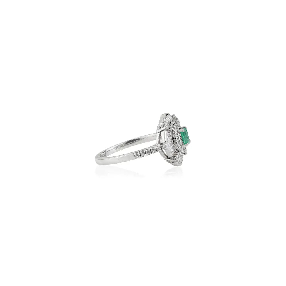 Art Deco Inspired Emerald & Diamond Statement Wedding Ring Solid K14 White Gold Jewelry
