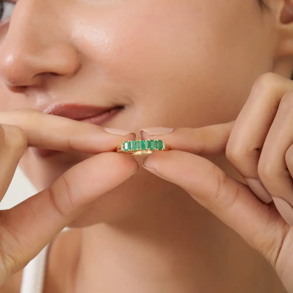 14K Real Yellow Gold Fine Emerald & Diamond Stackable Gemstone Ring Everyday Wear Jewelry