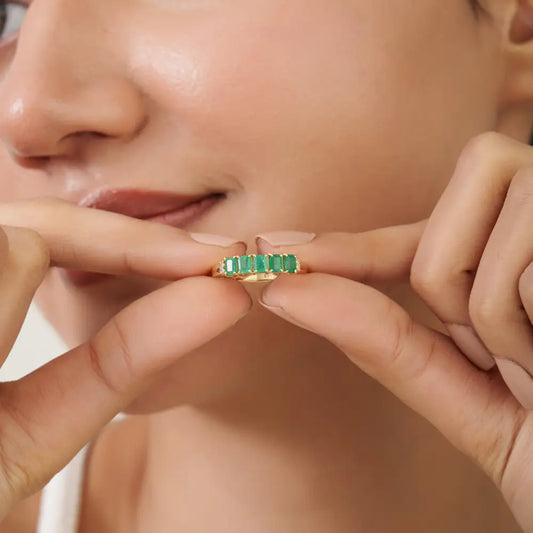 14K Real Yellow Gold Fine Emerald & Diamond Stackable Gemstone Ring Everyday Wear Jewelry