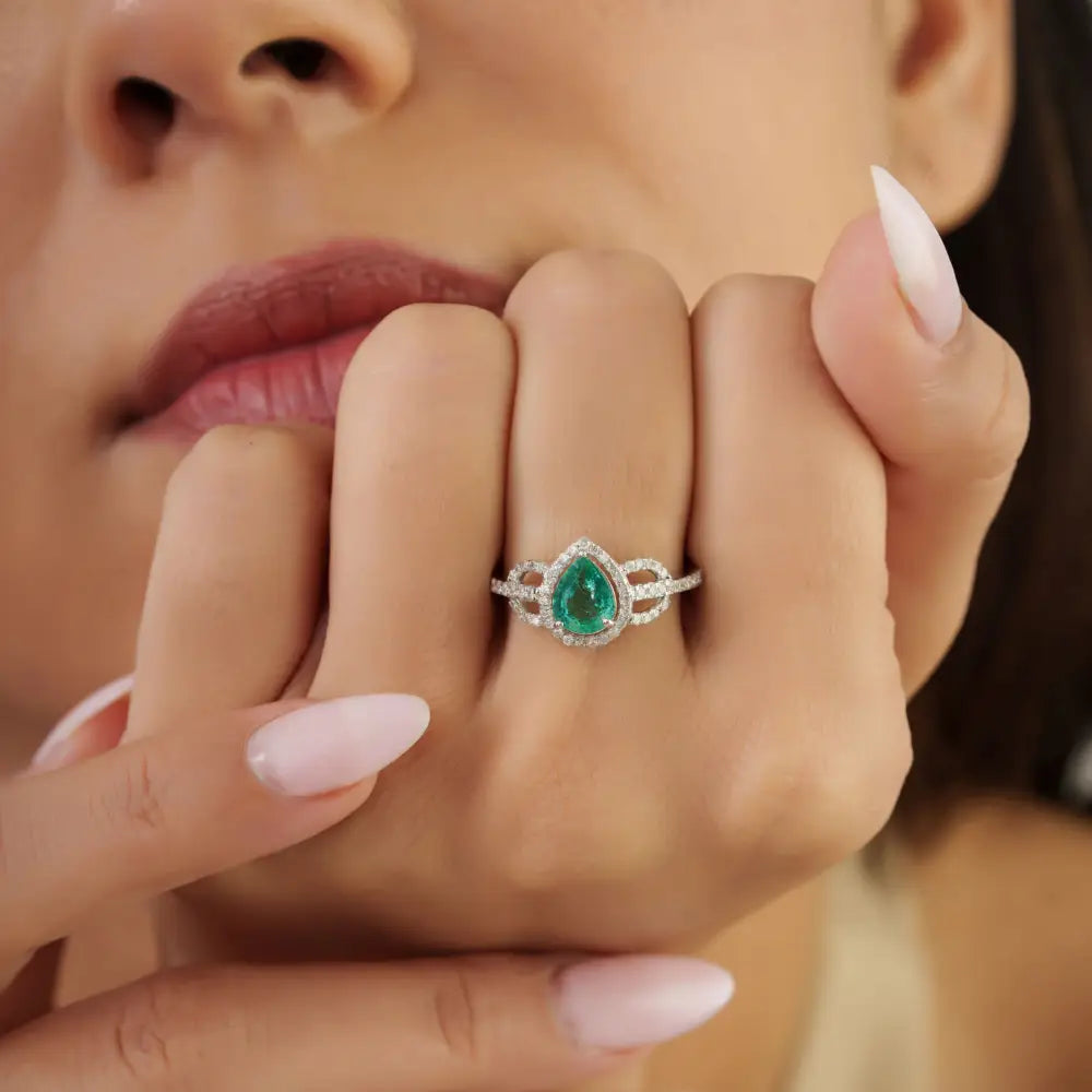 Zambian Emerald & Diamond Solid K14 White Gold Statement Ring Unique Design Jewelry