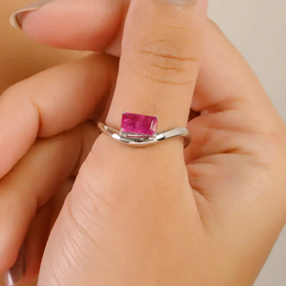 Octagon Cut Ruby Handmade 14K White Gold Curve Shape Wavy Ring Anniversary Gift