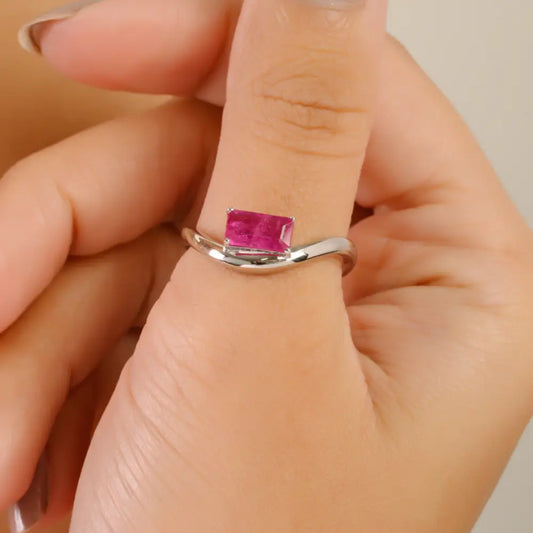 Octagon Cut Ruby Handmade 14K White Gold Curve Shape Wavy Ring Anniversary Gift