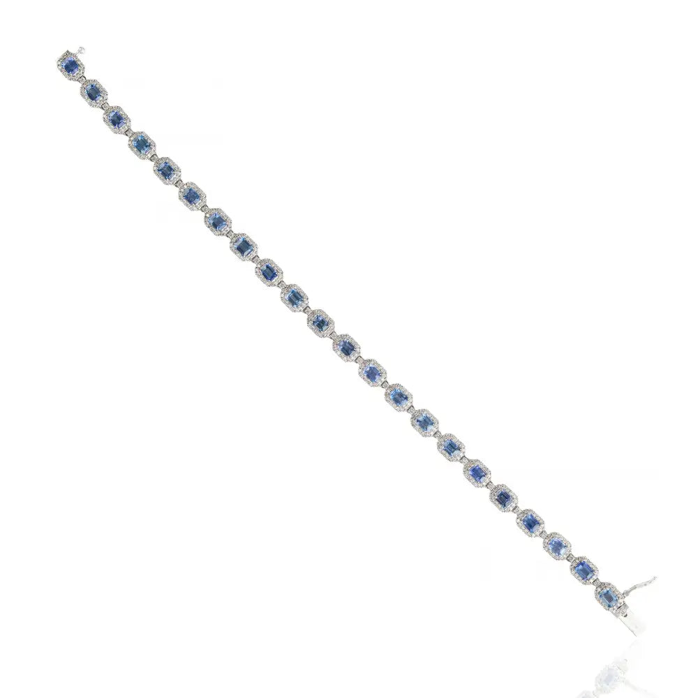 4x3mm Octagon Cut Blue Sapphire & Diamond Halo Tennis Bracelet Real K14 White Gold Jewelry