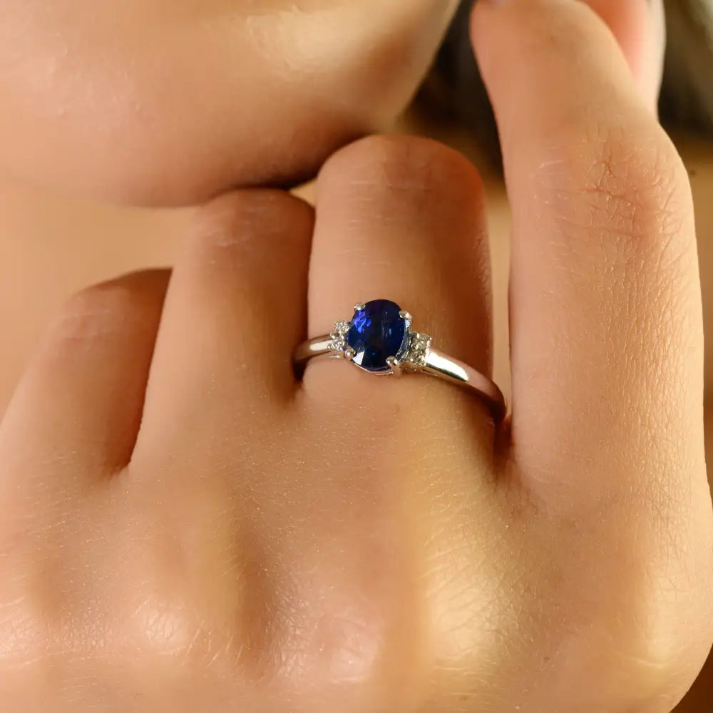Prong Setting Blue Sapphire & Diamond Daily Wear Minimal Ring 14K Solid White Gold Jewelry