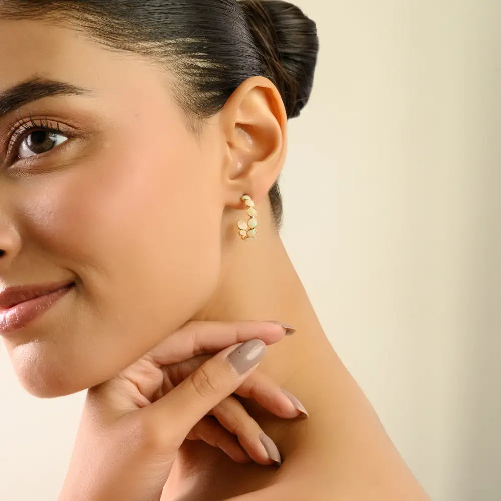 4 mm Opal Gemstone 18K Real Yellow Gold C Shape Hoop Earring Handmade Jewelry For Women