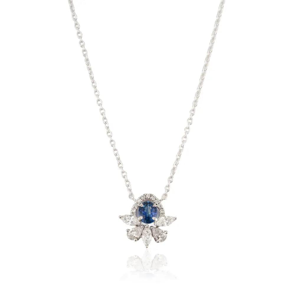 14K Solid White Gold Blue Sapphire & Diamond Minimal Pendant Necklace Everyday Jewelry