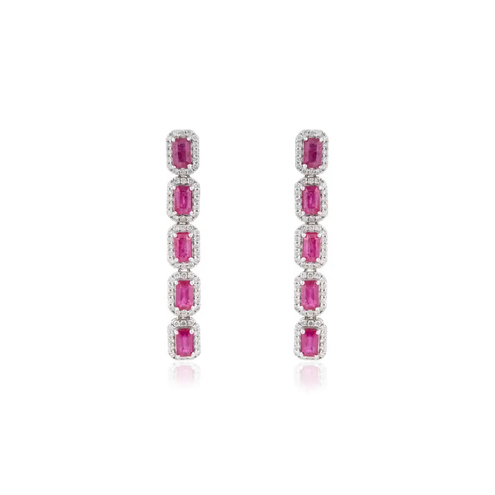 Luxurious Ruby & Diamond K14 Solid White Gold Halo Dangle Earrings For Women's Bold Jewelry