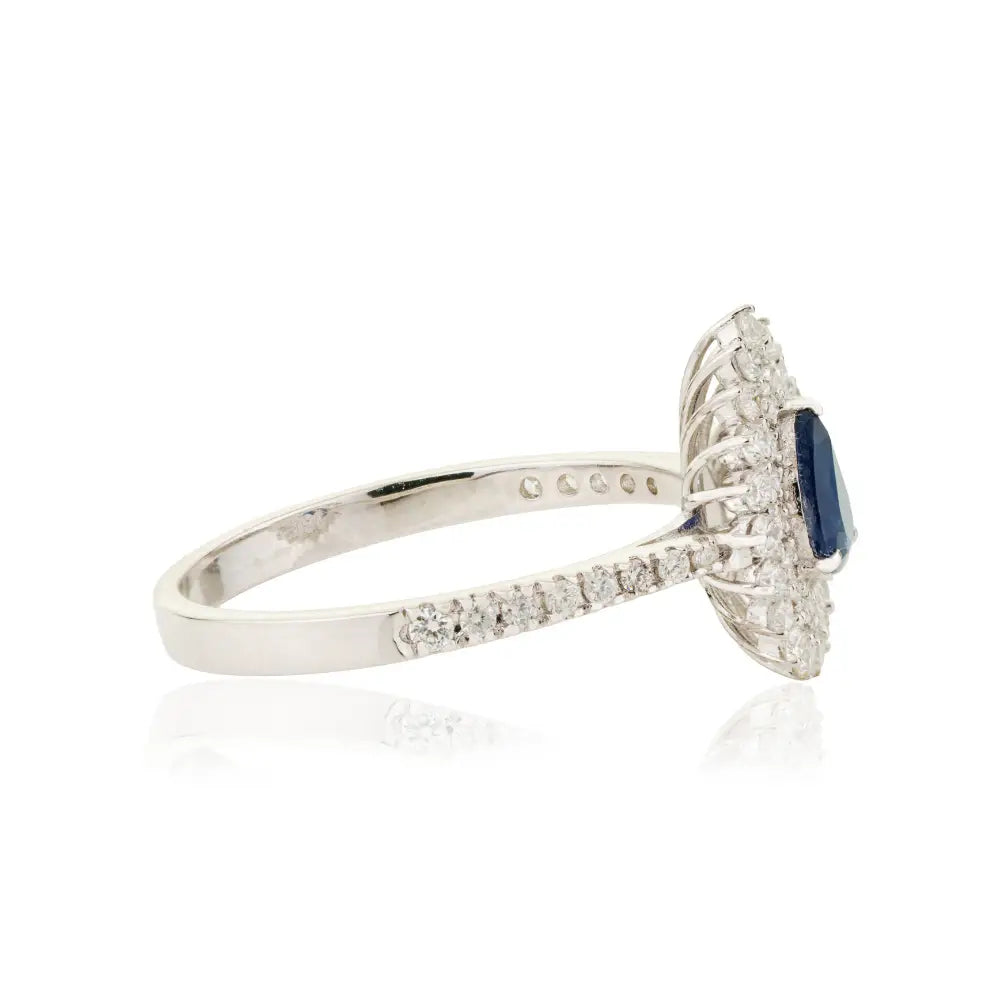 Custom Made Blue Sapphire & Diamond Pear Shape Double Cluster Statement Ring 18K Gold