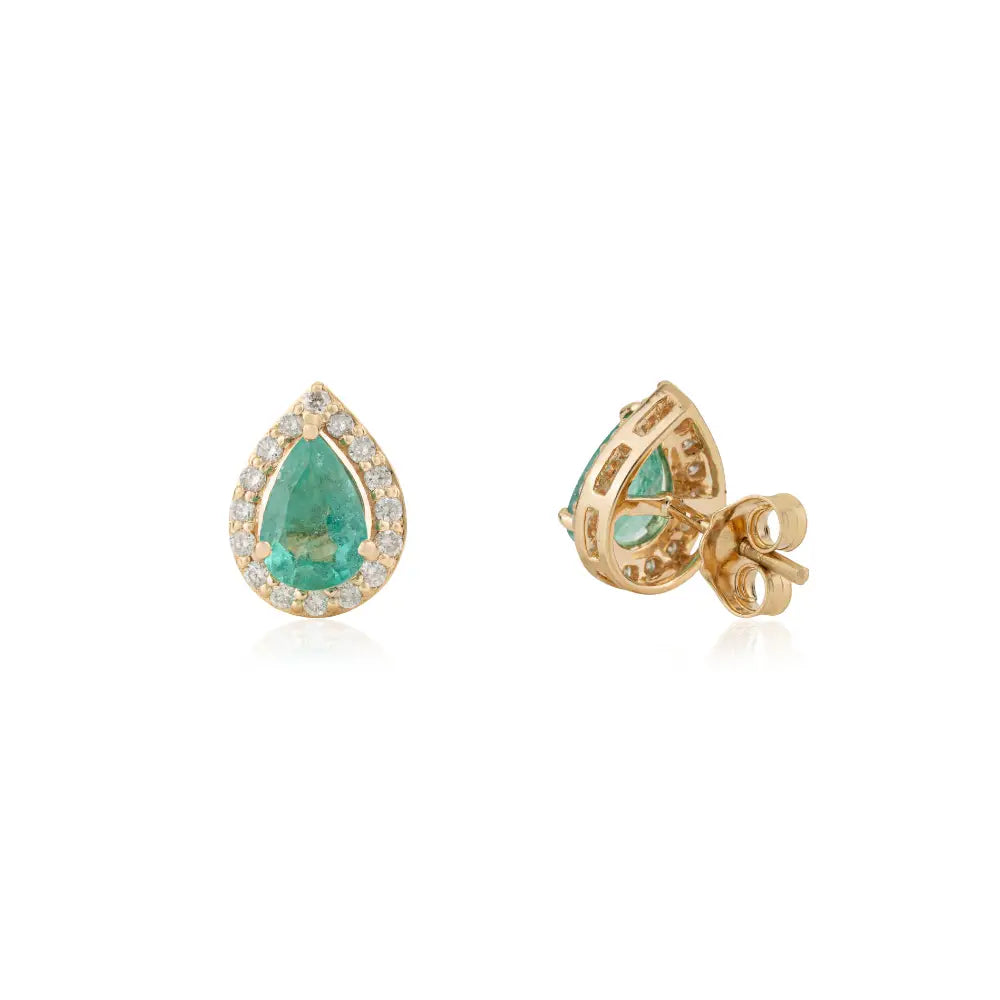 100% Real Emerald & Diamond Pear Shape Halo Stud Earrings 18K Solid Yellow Gold Jewelry
