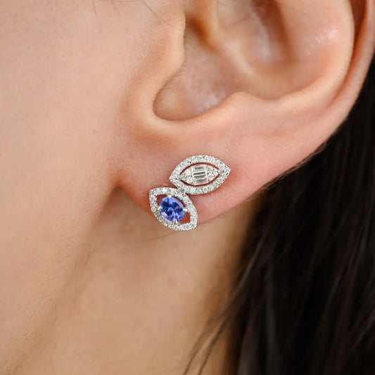 Unique Latest Design Blue Sapphire & Diamond Wings Shape Stud Earrings Custom Jewelry