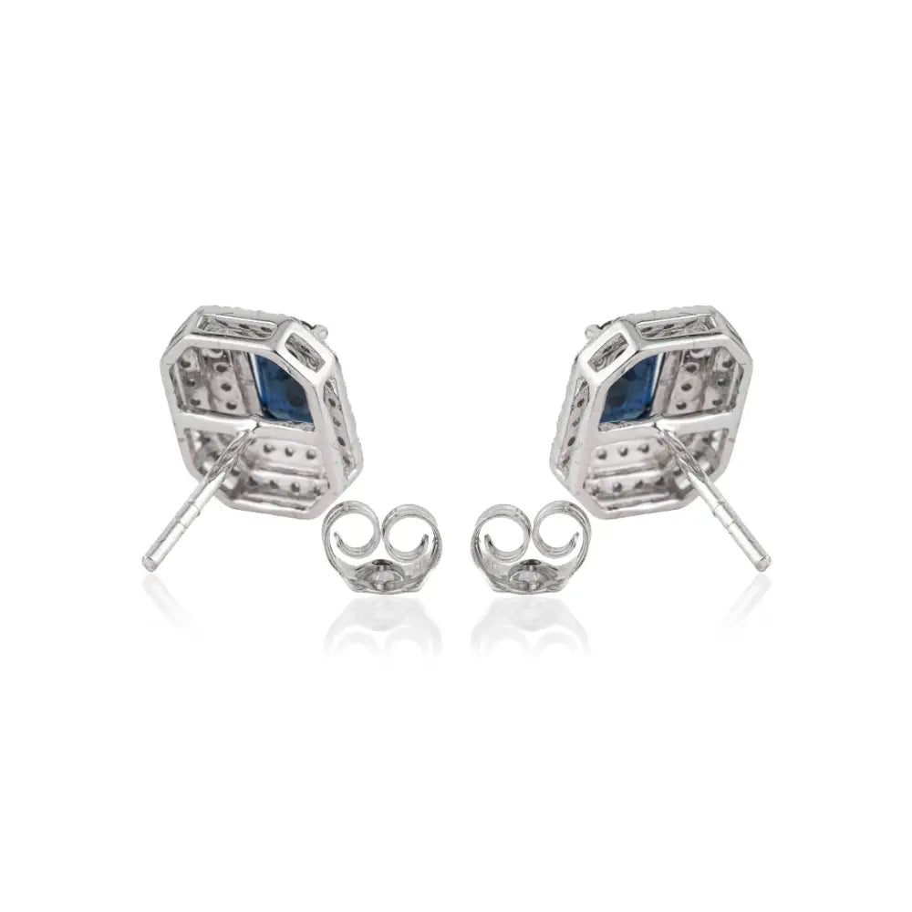 14K White Gold Blue Sapphire & Diamond Double Cluster Push Back Stud Earrings For Women's