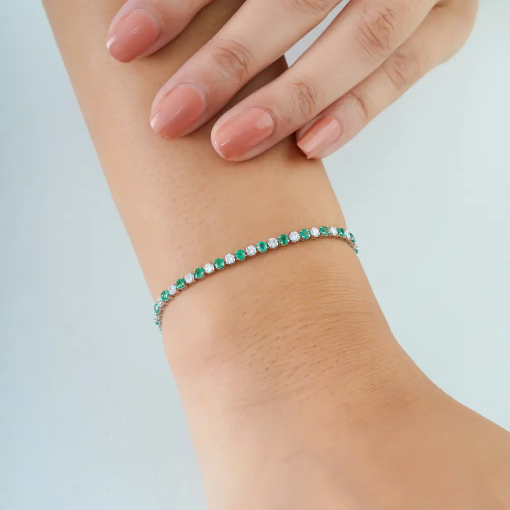 Handmade Design K14 Yellow Gold Emerald & Diamond Sleek Tennis Bracelet New Jewelry
