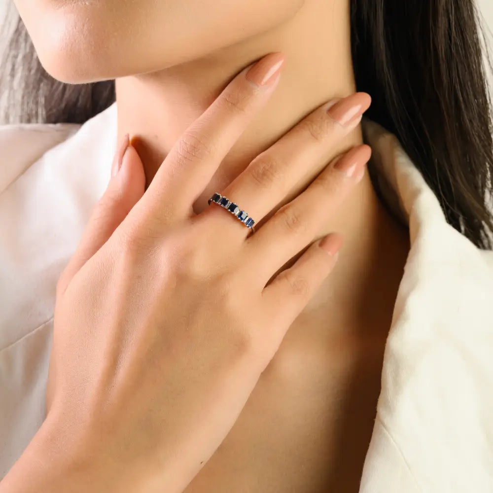 Square Shape Blue Sapphire & Baguette Cut Diamond Stacking Half Eternity Band Ring 14K Gold