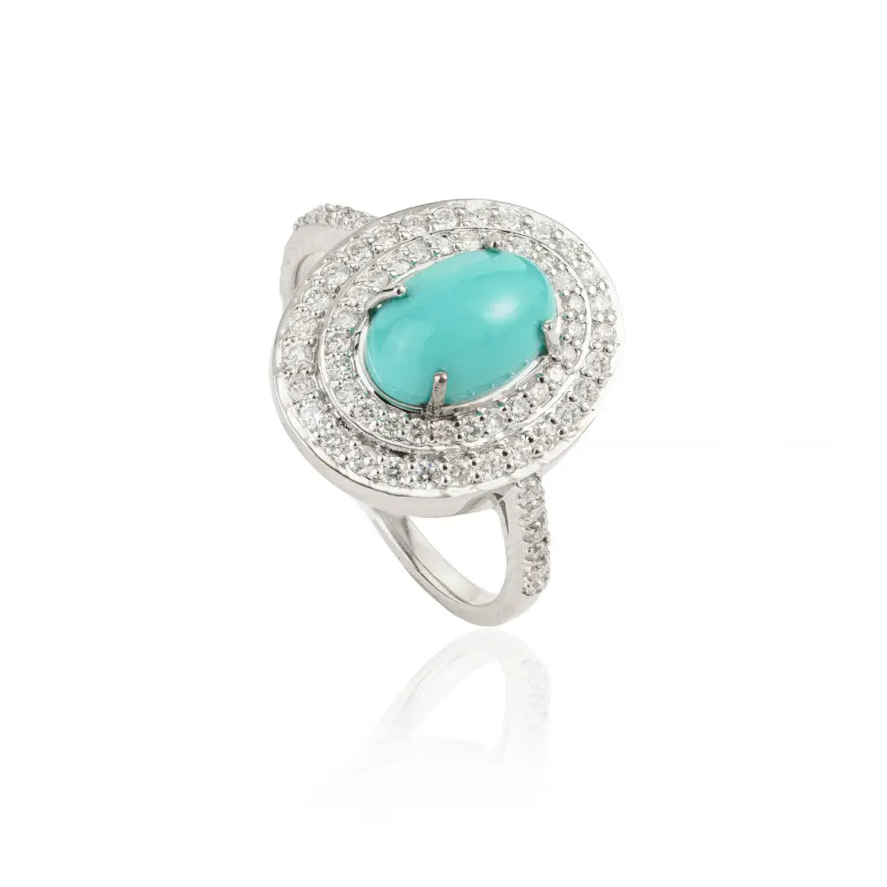 9x6mm Oval Turquoise & Diamond Double Halo Ring For Men's Best Selling Jewelry 14K Gold