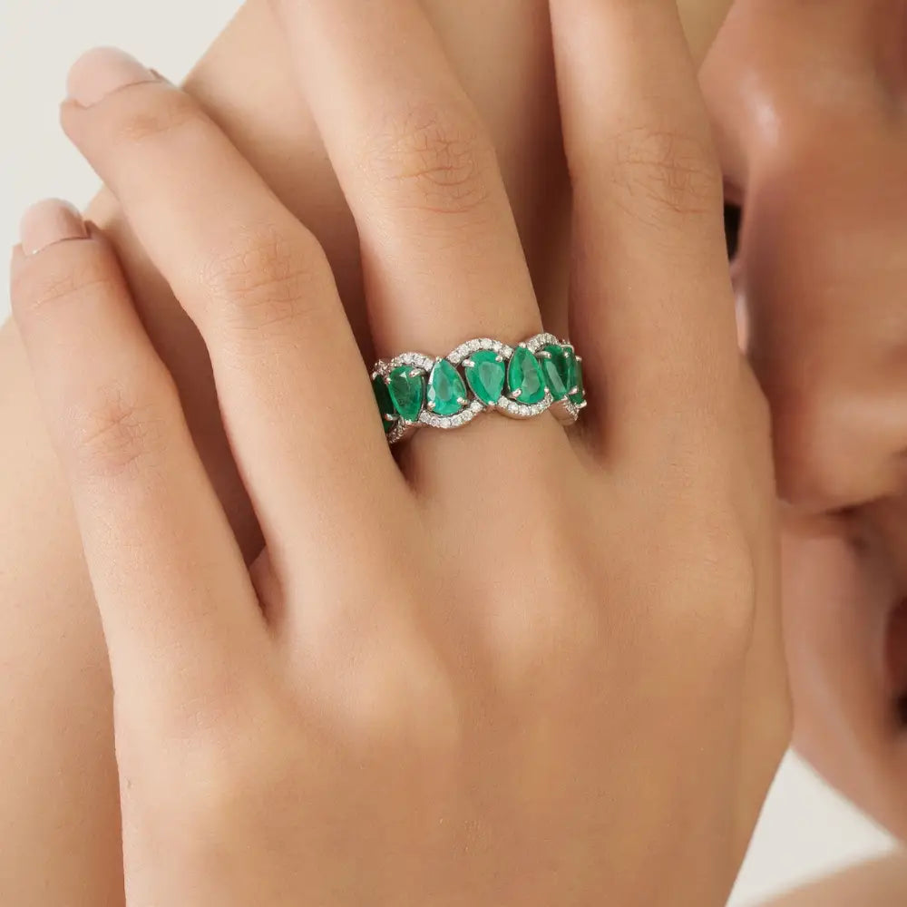 Zambian Emerald & Diamond 14K Real White Gold Wave Shape Half Eternity Band Ring