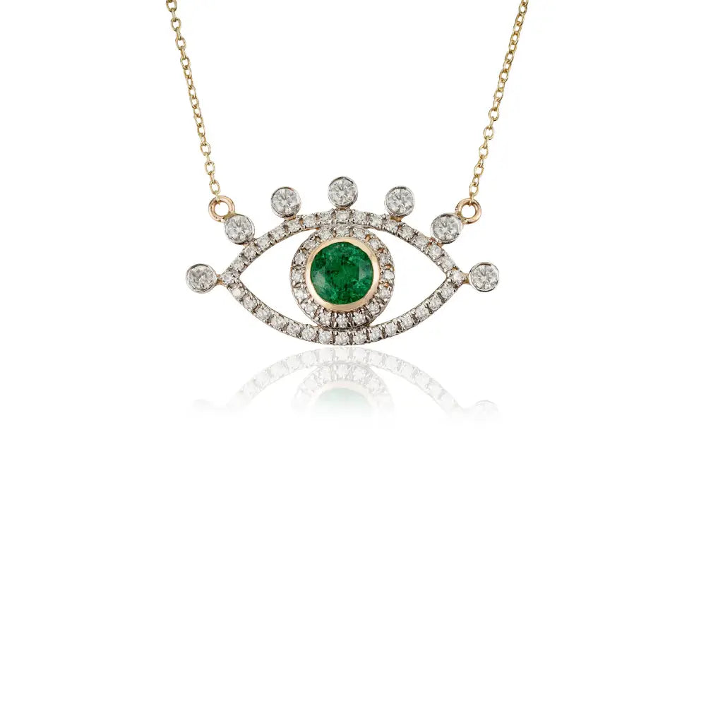 Unique Design Emerald & Diamond Evil Eye Pendant Necklace Fine 14K Yellow Gold Jewelry