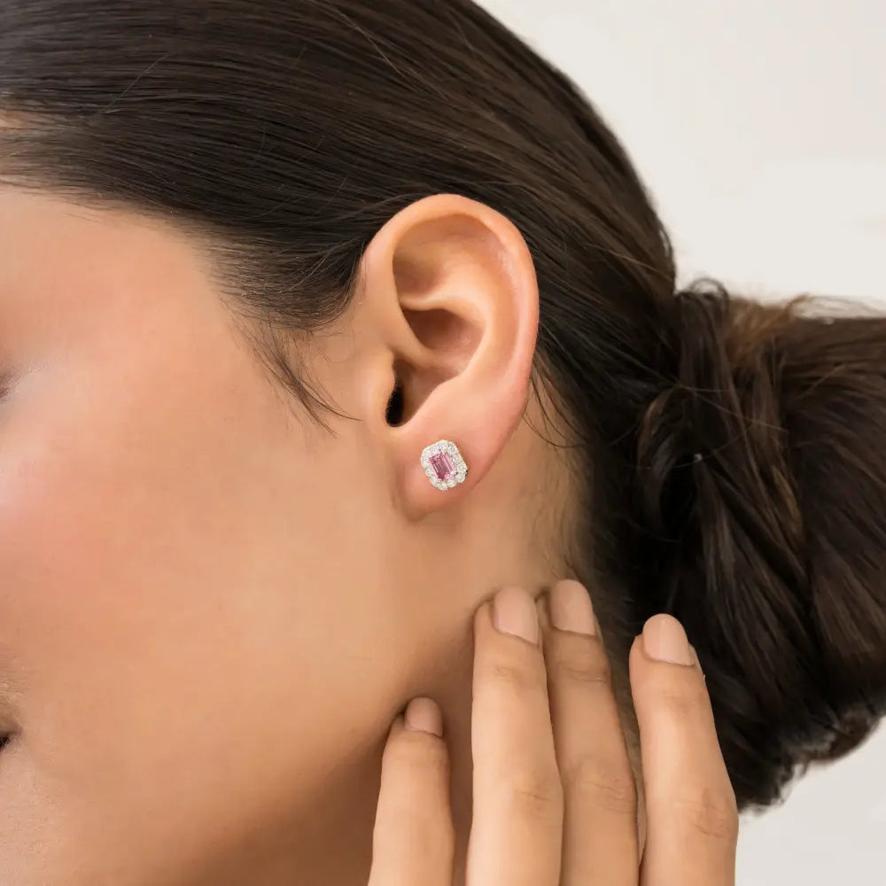 Birthstone Jewelry Pink Sapphire & Diamond Fine Halo Stud Earrings Women's 14K Yellow Gold