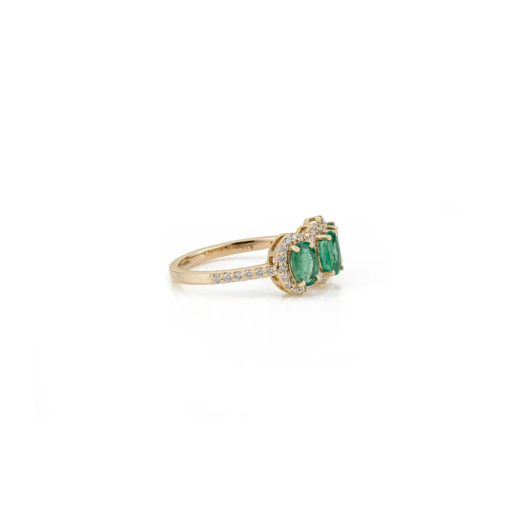 Oval Shape Emerald & Round Cut Diamond Three Stone Ring Fine 14K Solid Yellow Gold Jewelry